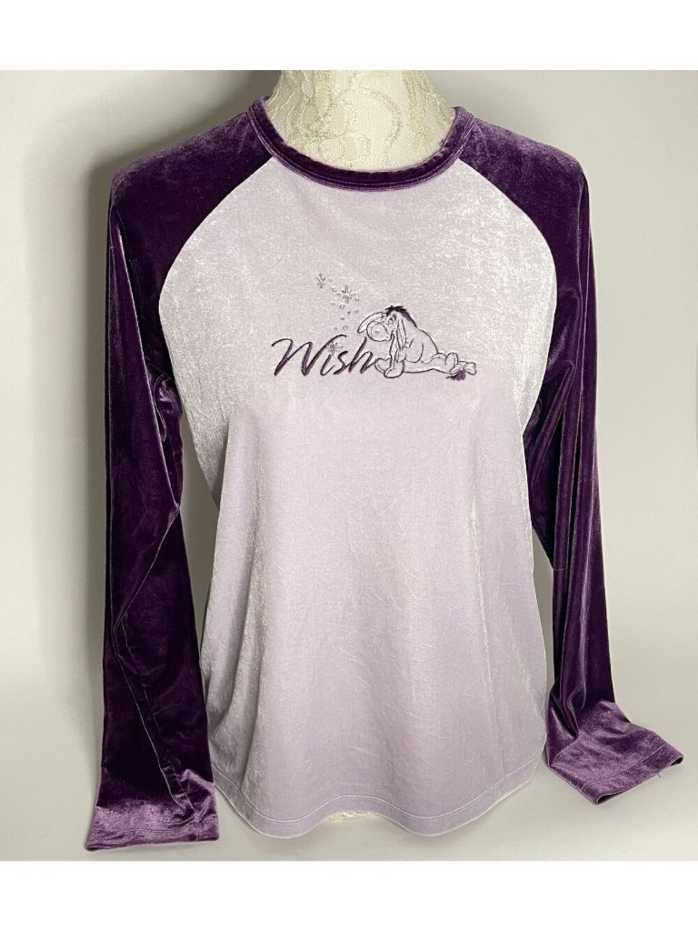Vintage Disney Store Eeyore Wish Velvet Velour Shirt Y2K Purple sz L Color Block